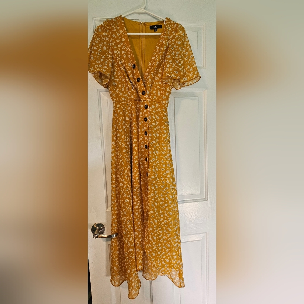Lulus 'After-bloom Delight' Golden Yellow Floral Midi Dress Women's Sz XS